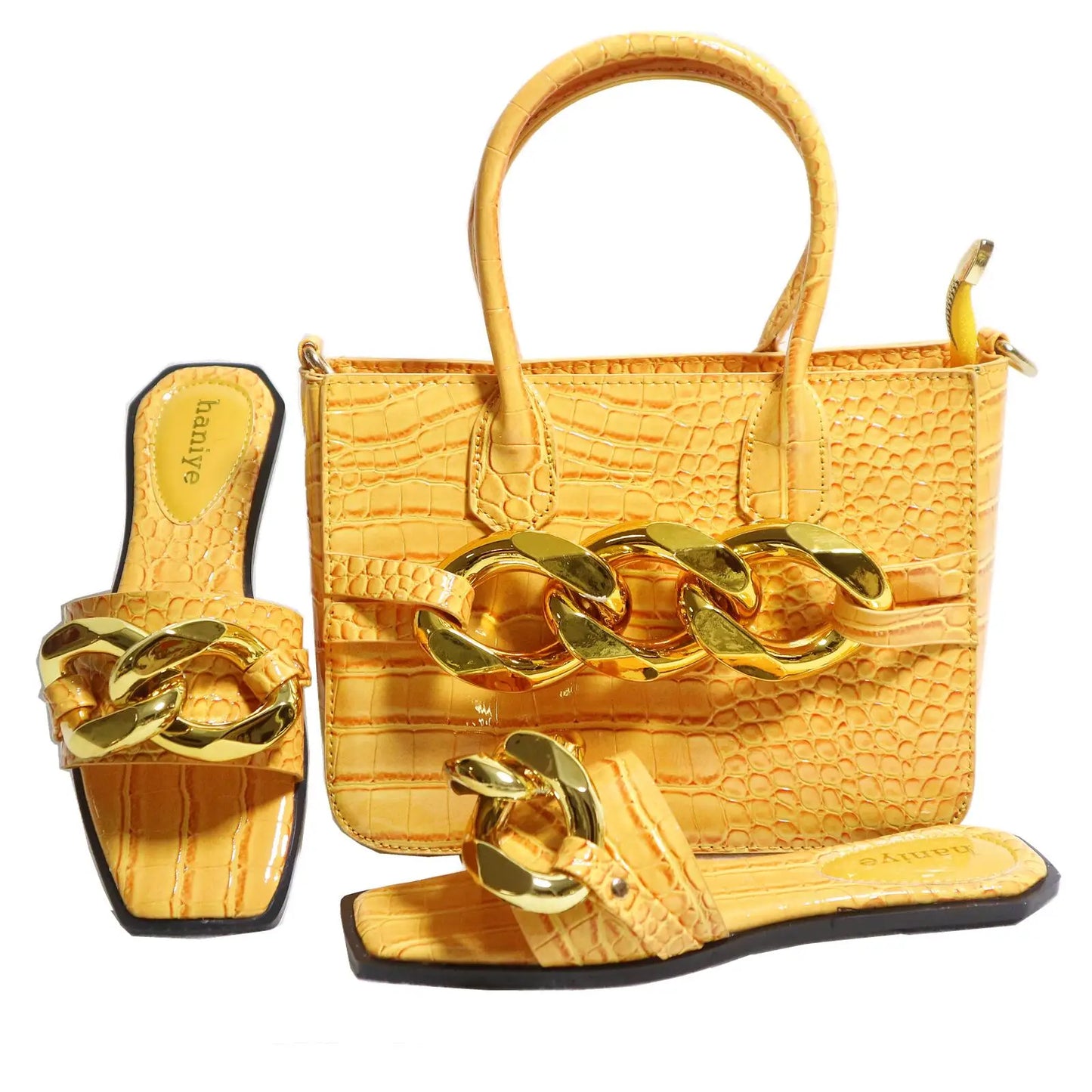 Maxy Big Metal Chain Decoration PU Handbags Matching Square Toe Flats Slippers Stone Pattern Shoes And Bag Set