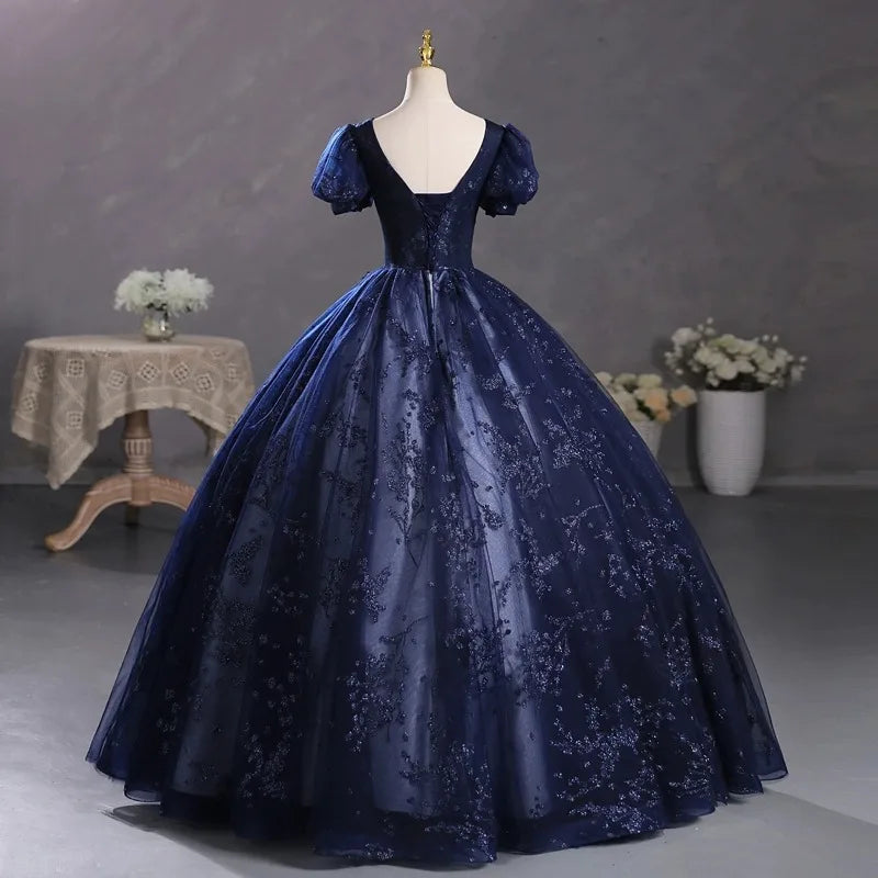 Maxy new Navy Blue Bubble Sleeve Dress, Student Art Exam Vocal Performance Dress, Fluffy Dress, Annual Meeting Host Evening Dress
