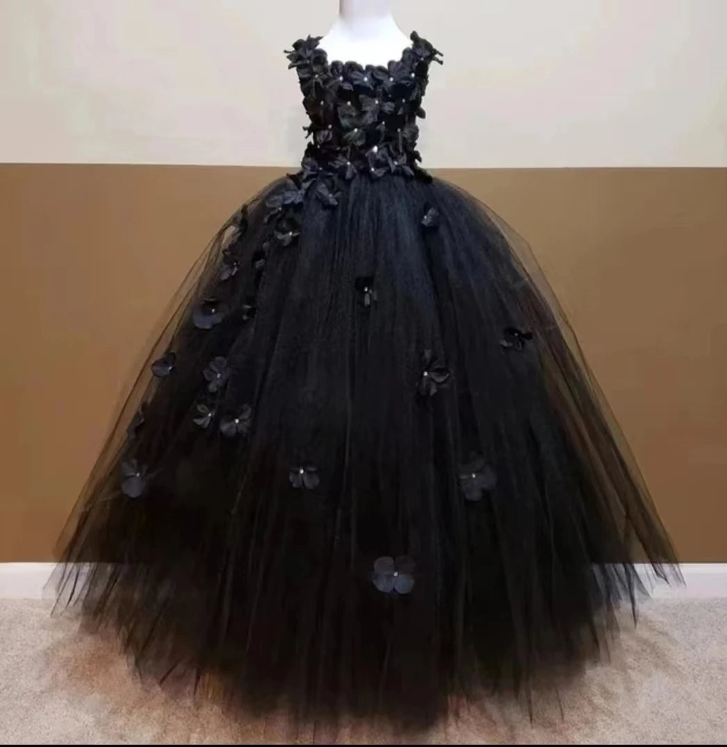 Maxy Girls black Flower Petals Tutu Dress Kids Crochet Tulle Dress Ball Gown Children Birthday Wedding Party Costume Evening Dress