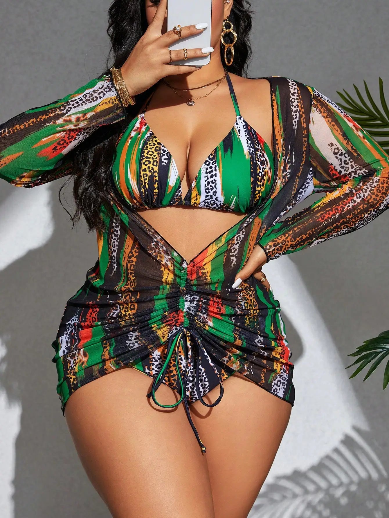 Maxy Vibrant Leopard and Color block 3-Piece Plus Size Tankini Set For Beach Summer Festival Wear