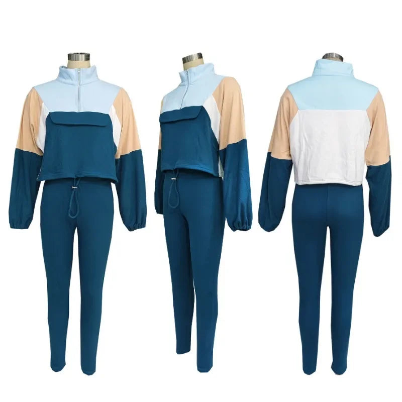 Maxy Sporty Casual Two Piece Set for Women Sweatsuit Fall Winter Patchwork Sweatshirt Top and Pants Running Tracksuit Joggings Femme