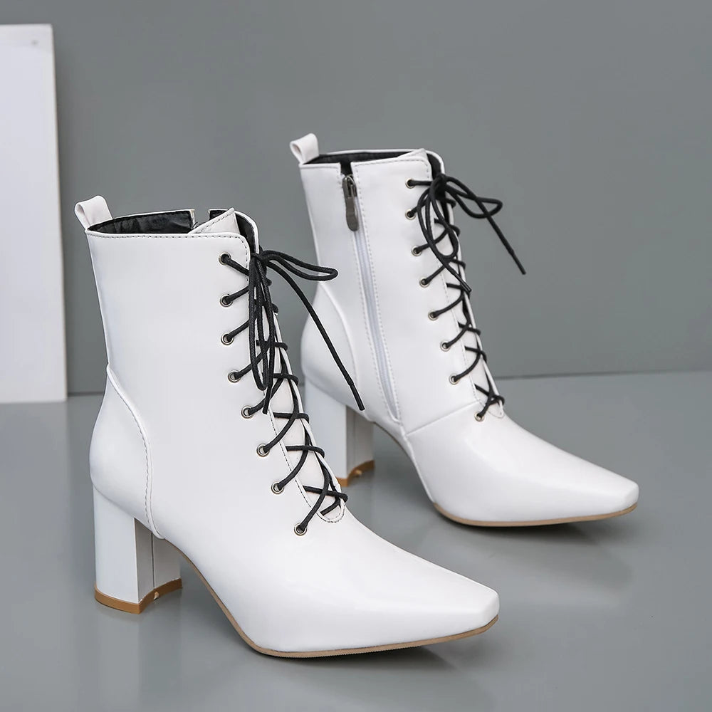 Macy Brand New Comfortable Apricot White Women Ankle Dress Boots High Square Heels Lady Shoes LM293 Plus Big Size 11 43 45 47