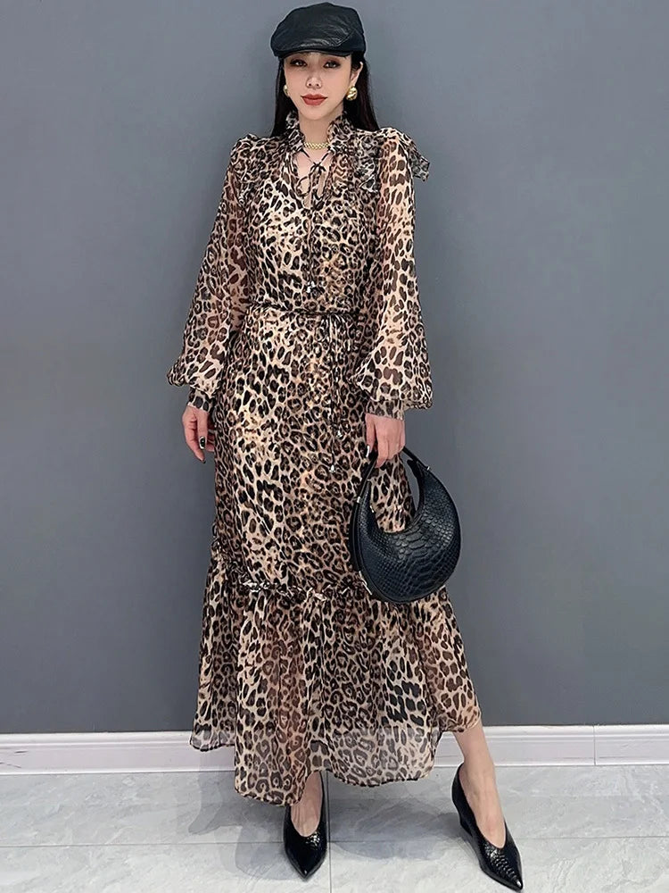 Babs Spring Summer New Dress Chiffon Printed Leopard Pattern Spliced Long Sleeved Ruffle Edge Elegant Dresses 5R9651