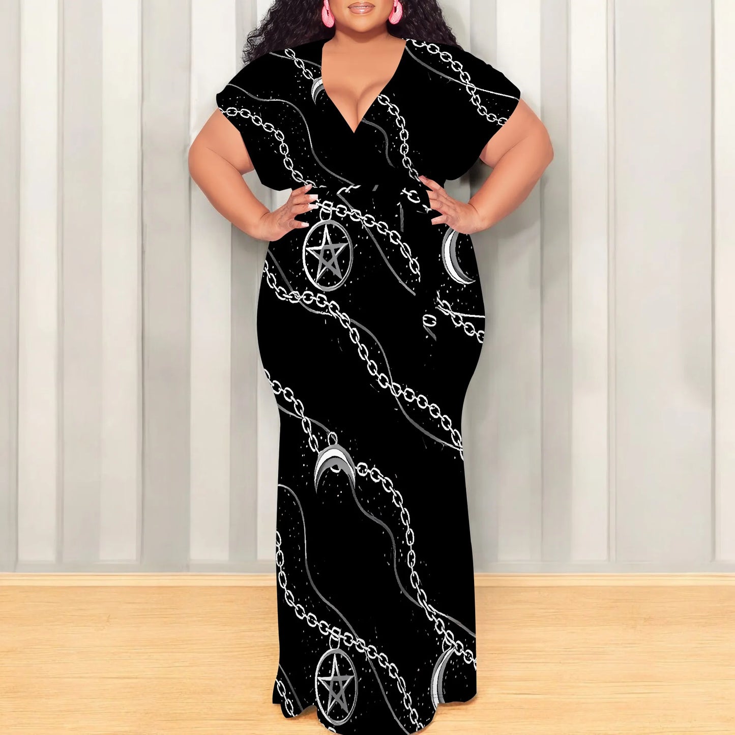 Maxy Plus Size Gothic Moon Chain Print V Neck Short Sleeve Maxy Dress for Halloween
