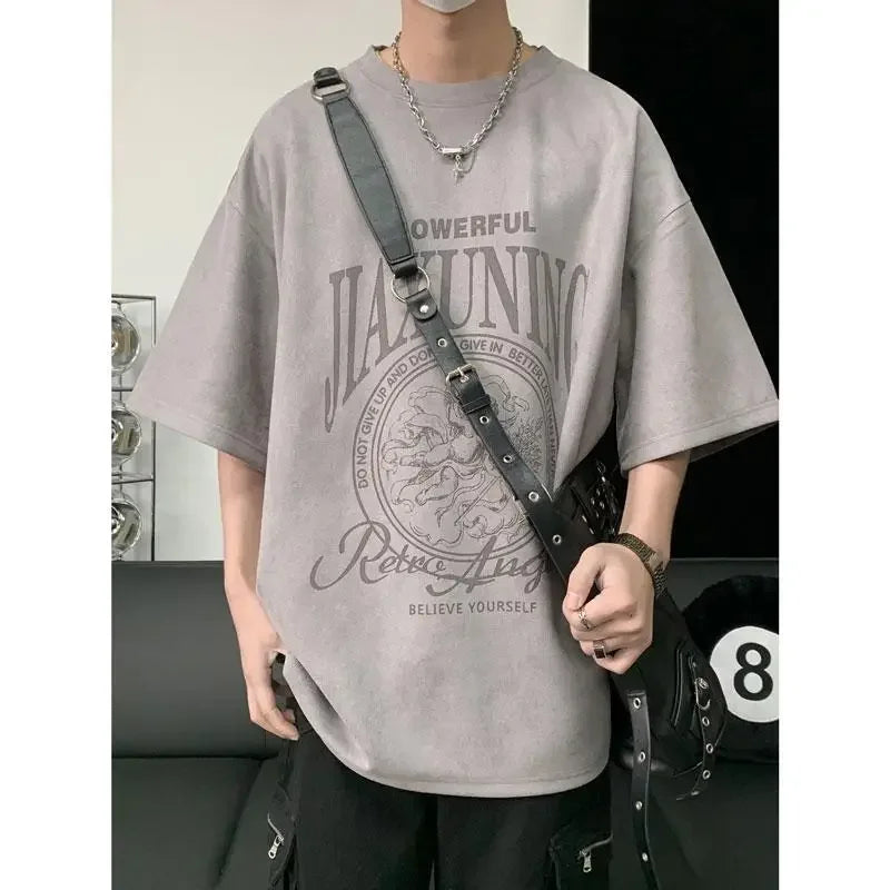 Military green American suede short-sleeved T-shirt men's summer heavyweight trendy brand retro oversize half-sleeve tops