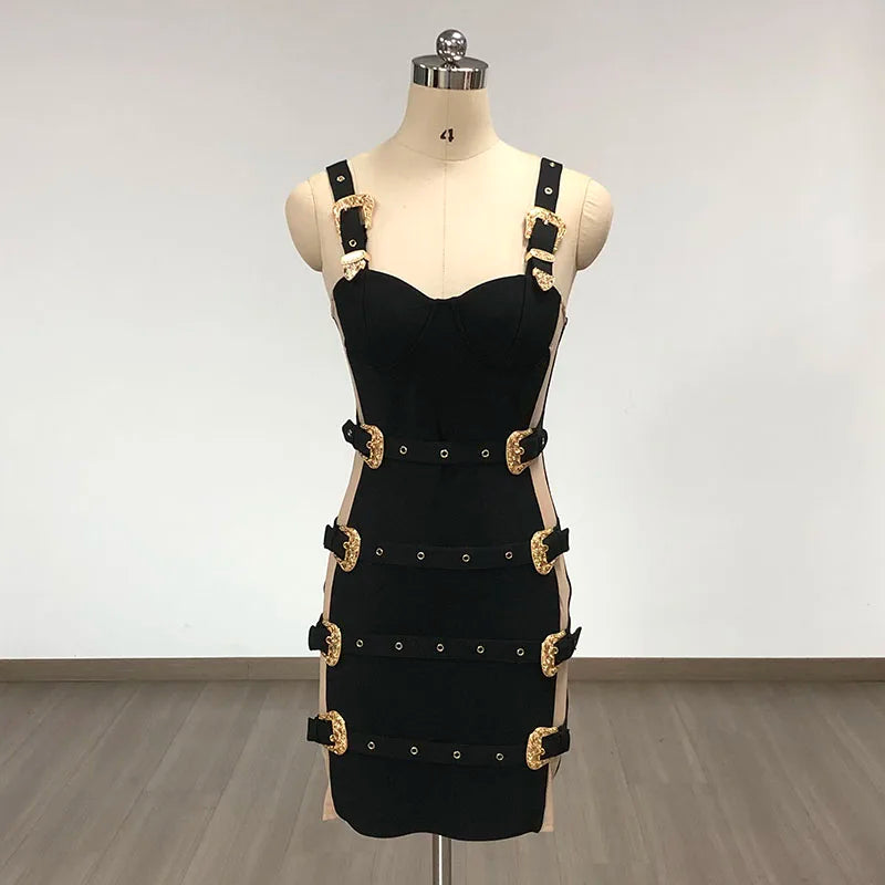 Babs High Quality Black Color Women Sleeveless Square Collar Golden Button Hollow Out Bodycon Mini Bandage Dress Nightclub Party Wear