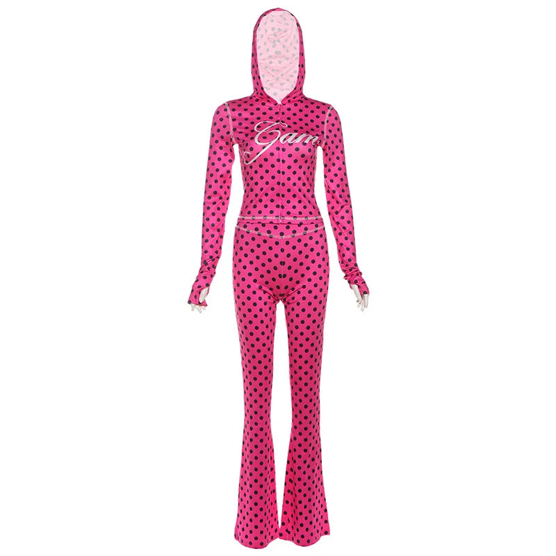 Maxy Dot Letter Print 2 Piece Set Woman Tracksuit Trend Sexy Hooded Jacket+Pants Skinny Stretch Matching Streetwear