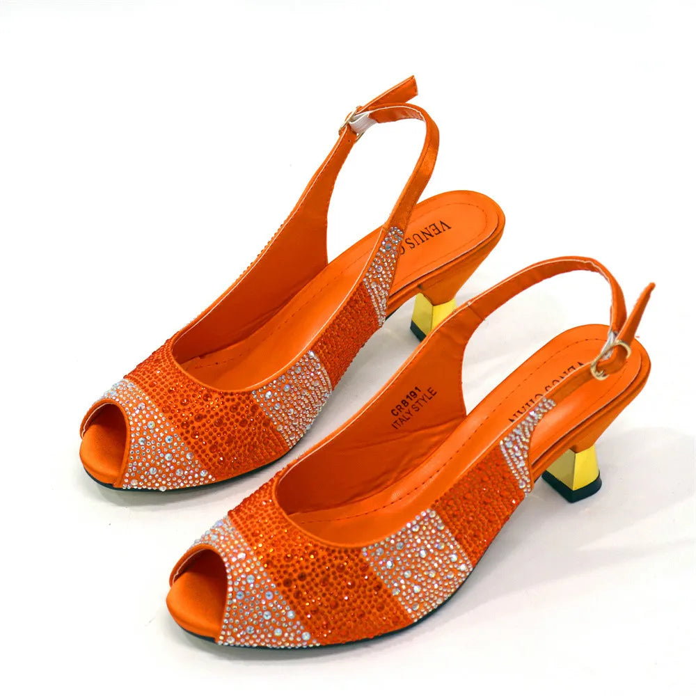 Maxy 2024 Comfortable Heels Women Shoes and Bag Set in Orange Color for Garden Party