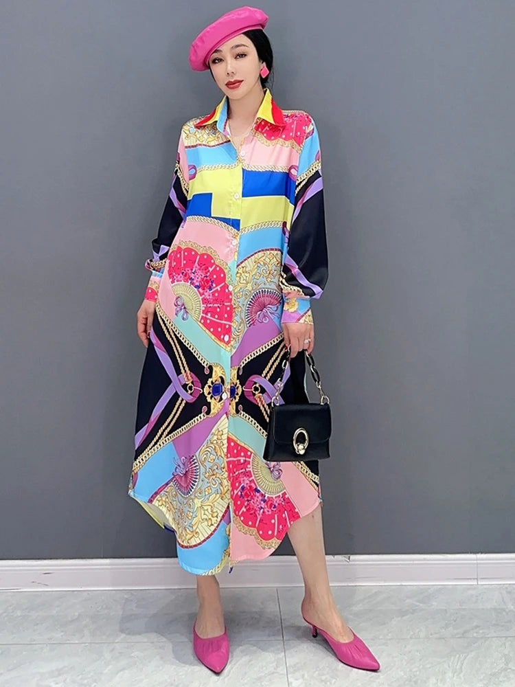 Maxy Fashion Shirt Dress for Women Korean Printed Colorful Pattern Stitching Loose Summer Clothes 5R1504