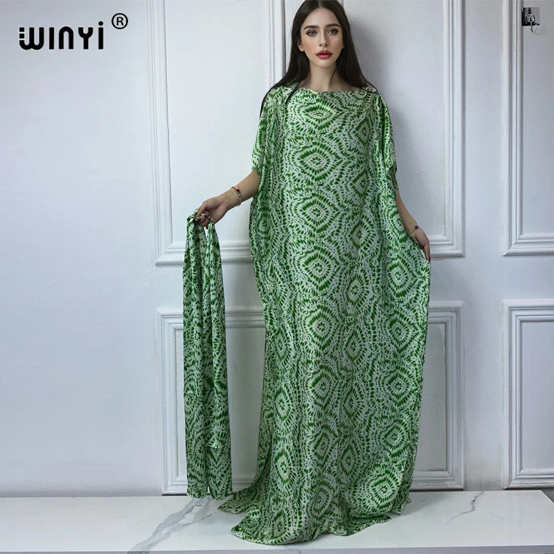 Maxy Muslim African dresses turkey dresses for women luxury Crew Neck Tie-dye print Kaftan Dress, Elegant Length Dress