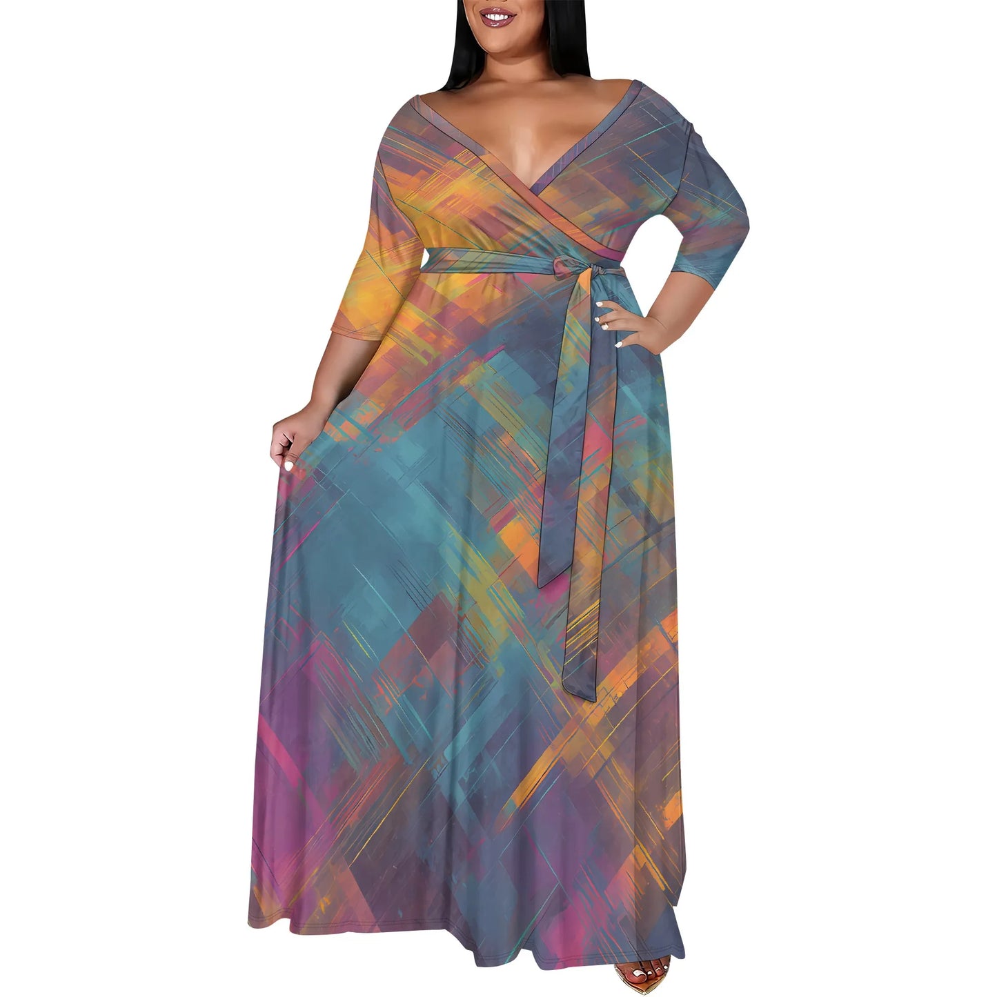 Maxy Plus Size Women's 3/4 Sleeve V-Neck Abstract Colorful Print Wrap Maxi Dress Fashion Boho Summer Style