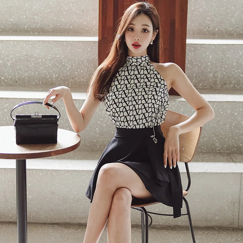 Summer Elegant Women's Outfit Casual Suit Hanging Collar Printed Top+High Waist Ruffle Edge Short Half Skirt Set of Two-piece