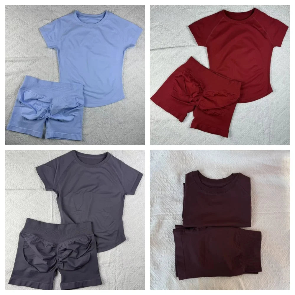 Maxy New Four Seasons 2-piece Sports Set Short Sleeve Round Neck Seamless Indoor Yoga Top Boxing Fitness Running Shorts Sports Set