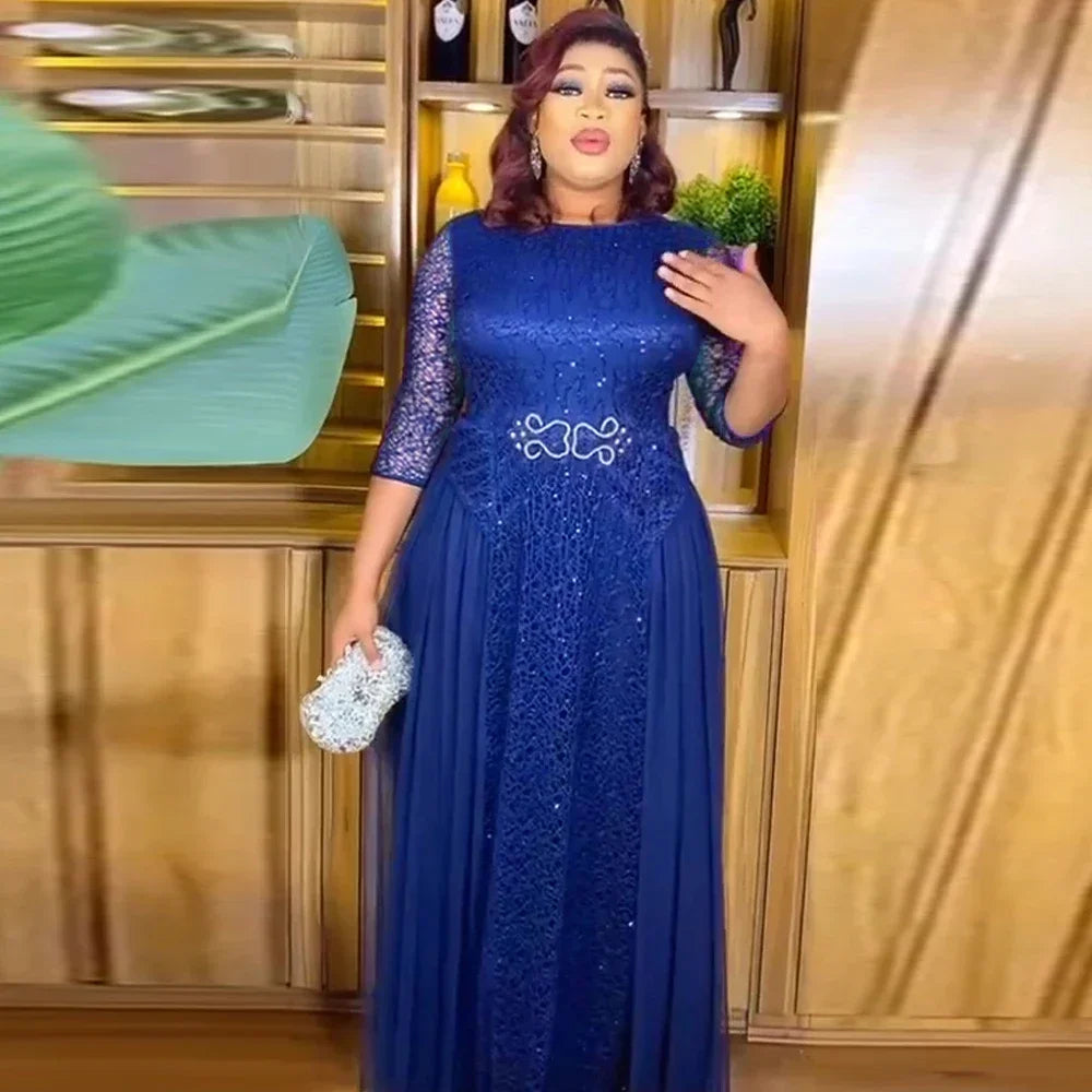 Maxy Lace Chiffon Dresses For Women Plus Size Ankara Dashiki Maxy Robe Dubai Turkey Sequin Abaya Wedding Party Dress
