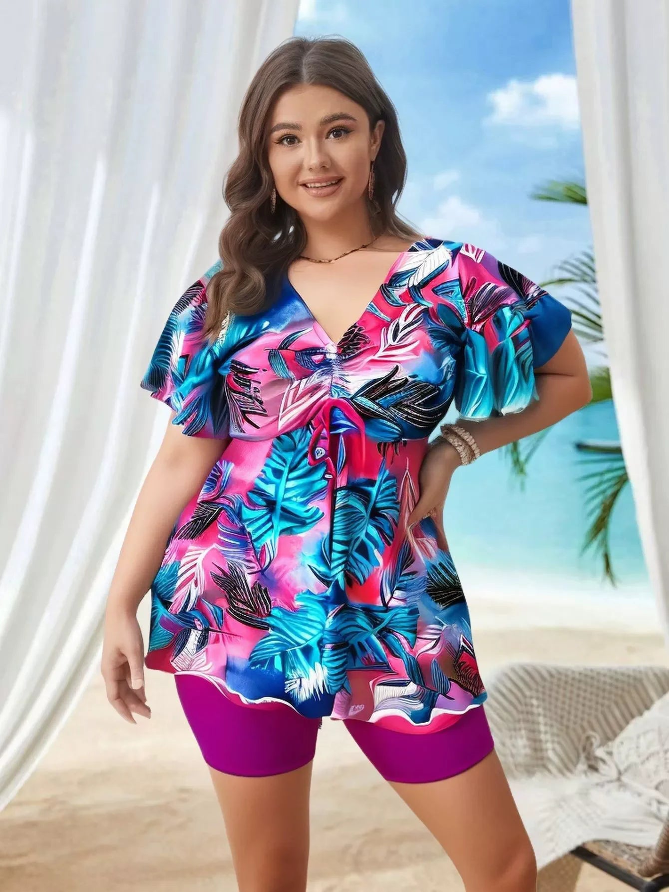 Maxy Women's Plus Size Tankini Swimsuits Two Piece Bathing Suits Printed Short Sleeve Swim Tops And High Waist Shorts Swimwear