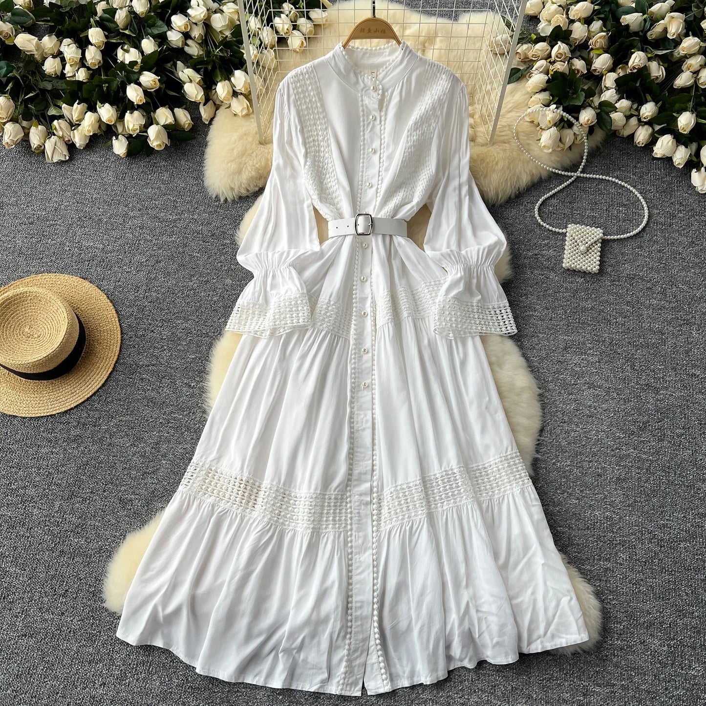 Maxy Retro Elegant Summer Stand Collar Flare Sleeve Single Breasted Lace Spliced Dress A-line French Evening Party Women Dresses