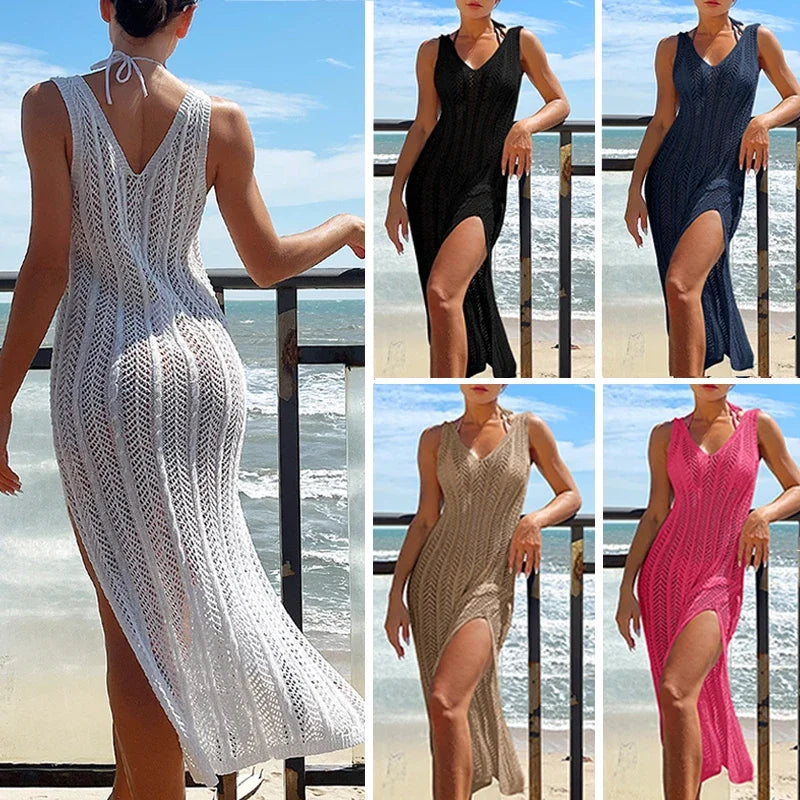 Maxy Summer Ladies Vacation Hollow Out Robe Women Solid Knitted Maxi Dress Fashion Sleeveless Sexy Beach Cover Up Dresses