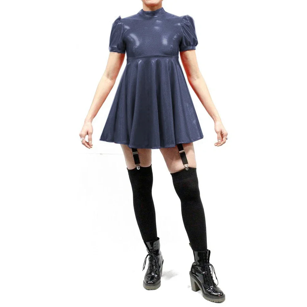 Maxy Plus Size Latex-look Mini Dresses Fashion Mock Neck Pleated A-Line Sissy Dress Rave Party Swing Short Dresses Male PVC Vestidos