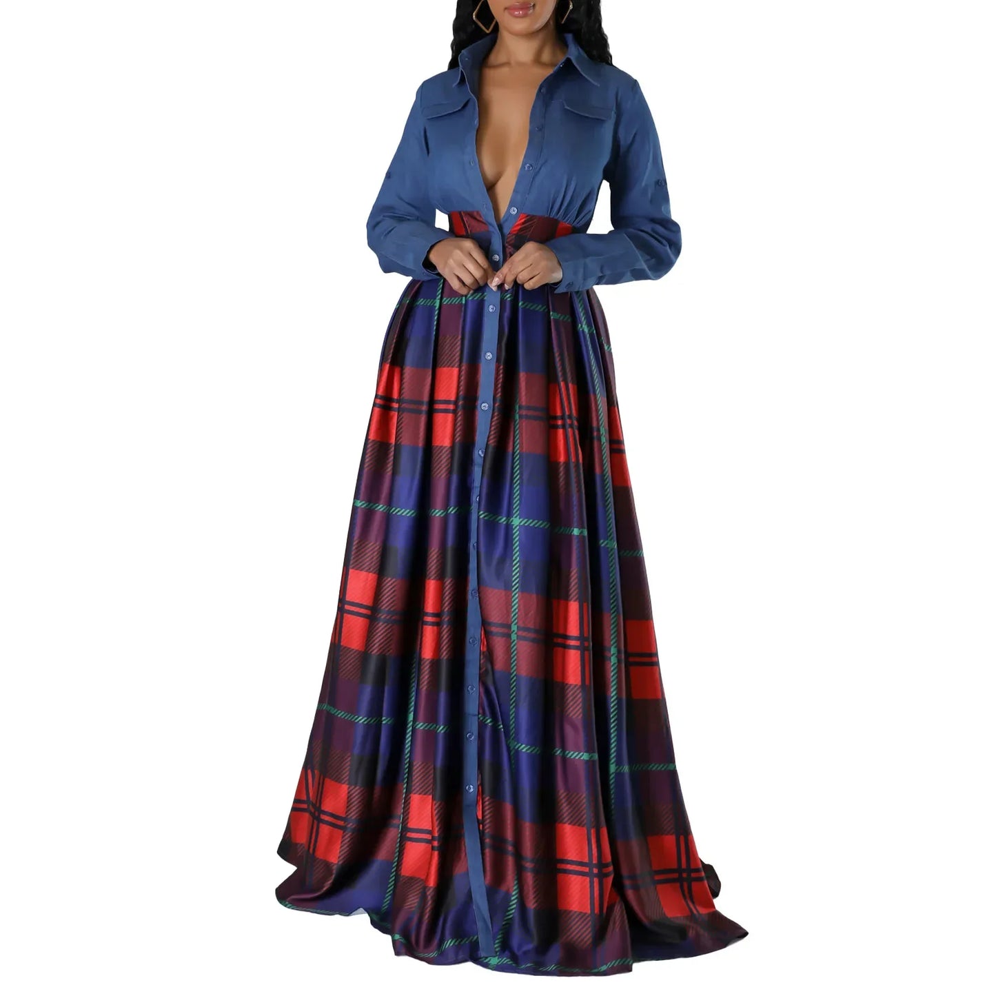 Maxy Plus Size Fashion African Party Dresses for Women Dashiki Ankara Gowns Autumn Elegant Grid Print Splice Turkey Muslim Maxy Dress