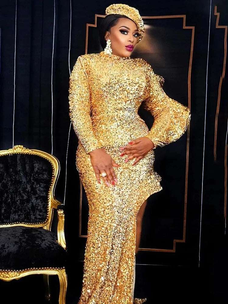 Babs Luxury Gold Sequin Dress with Hat High Neck Slit Floor Length Robes Long Sleeve Fall Winter Sparkly Party Evening Clothes