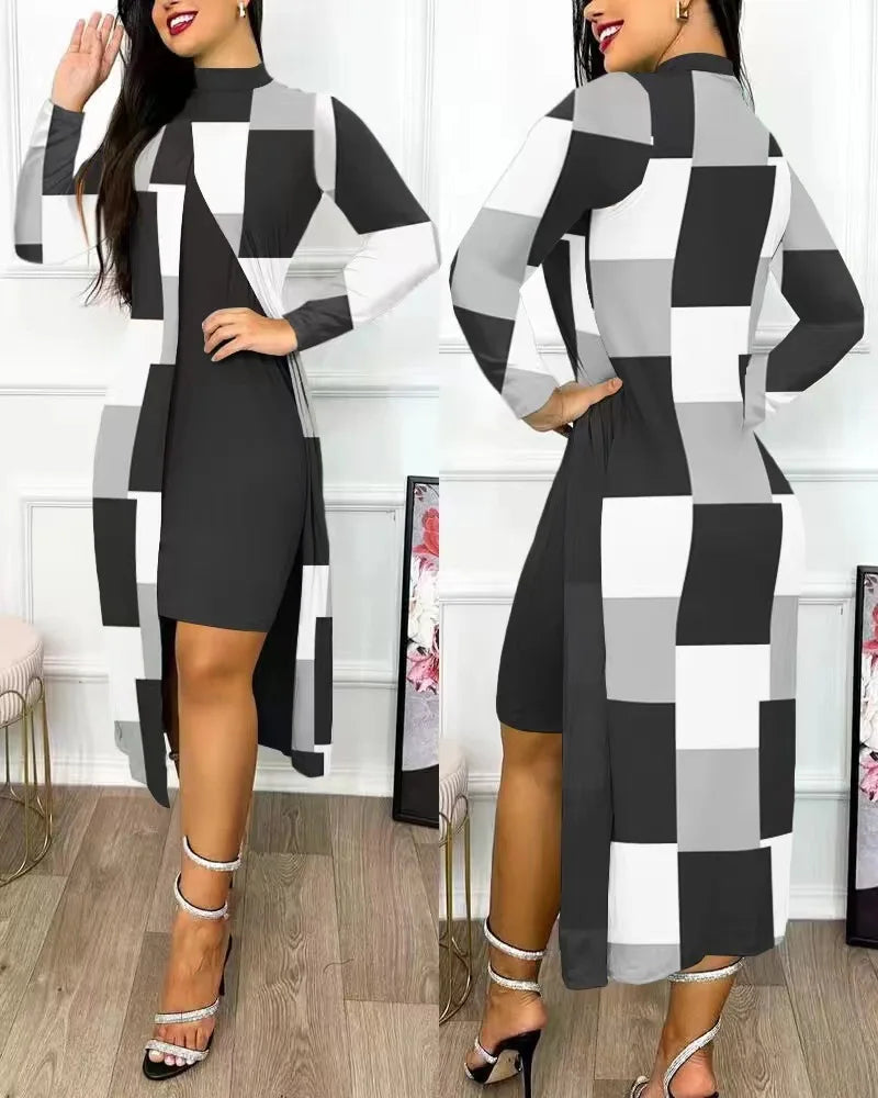 Maxy Two Piece Set Women Print Dresses Sets Full Sleeve Half High Collar Split Cardigan Dress Suits Elegant A Line Office Lady