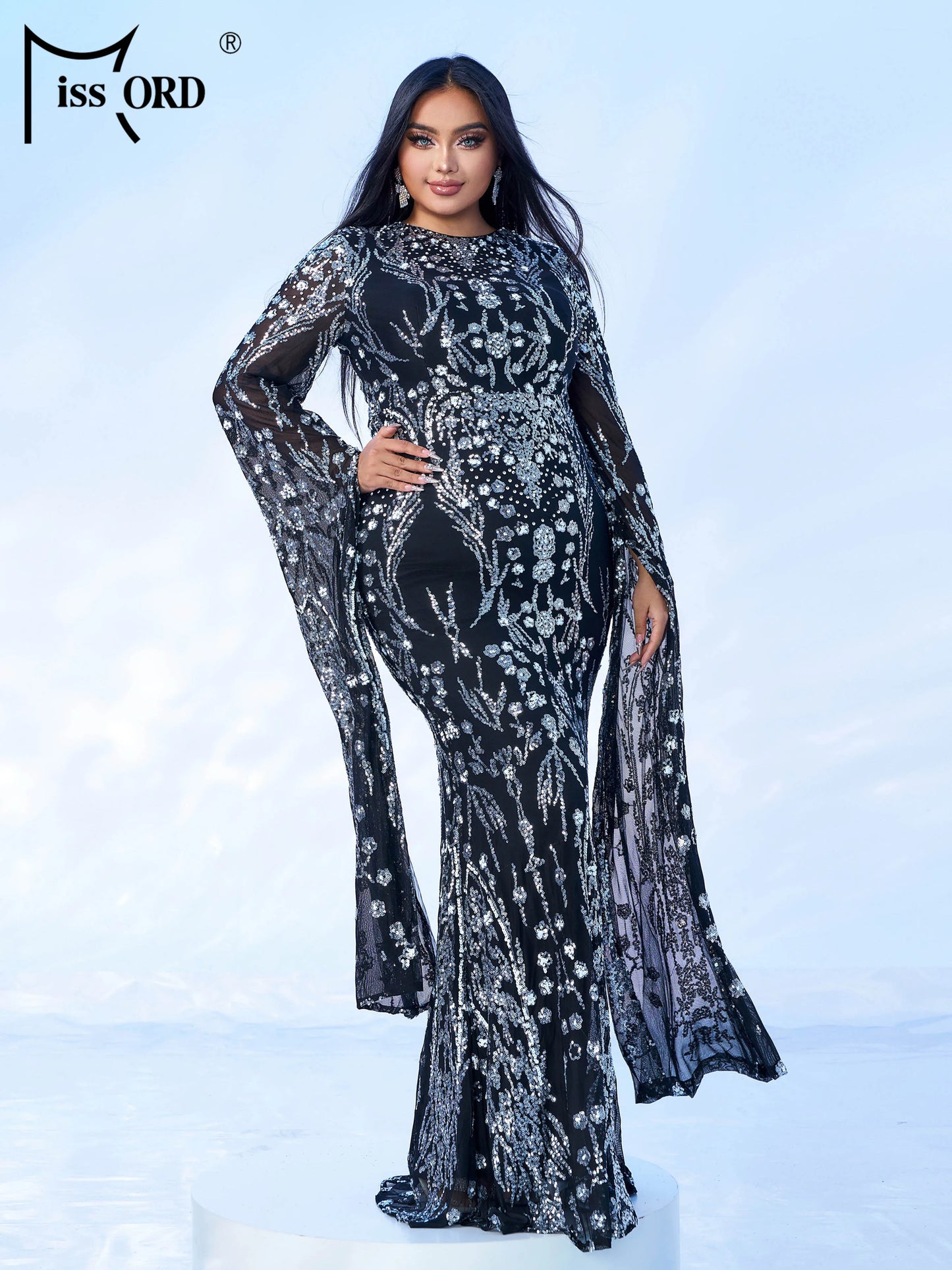 Maxy New Plus Size Church Muslim Dress Round Neck Sequin Extended Sleeve Evening Gown Formal Occasion Cocktail Ball Dresses