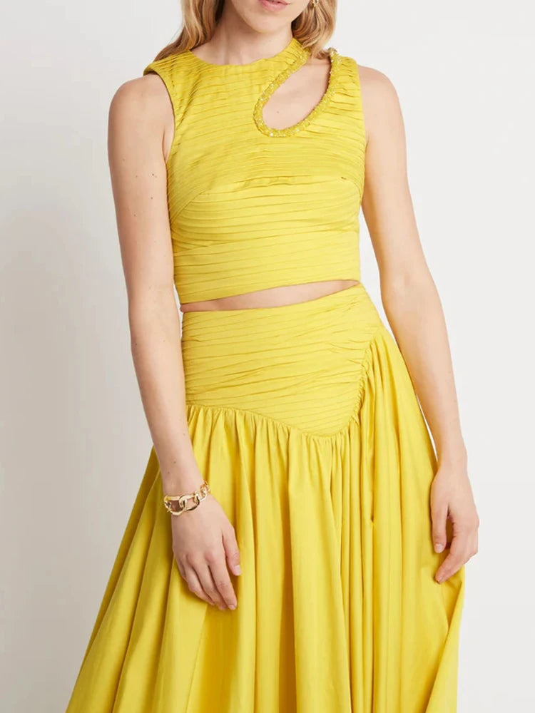 Maxy Slim Two Piece Sets For Women Round Neck Sleeveless Hollow Out Pleat Crop Tops Irregular Hem Pleated Skirt Solid Set Female