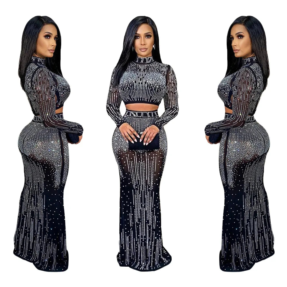 Maxy Sexy Sparkling Silver Rhinestone Chain Pearl Transparent Dress Birthday Party Evening Dress Prom Dress Bright Drill Skirt Suit