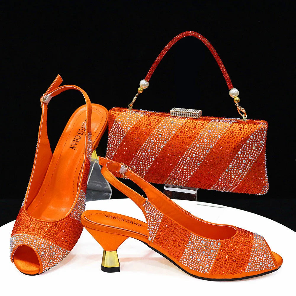 Maxy 2024 Comfortable Heels Women Shoes and Bag Set in Orange Color for Garden Party