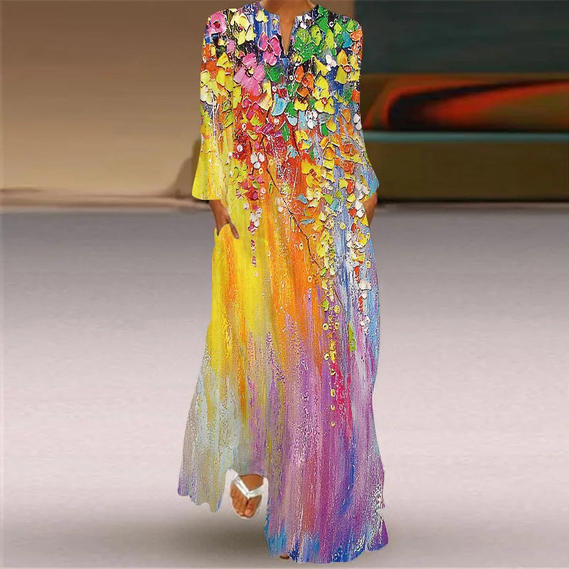 Maxy Casual Print Dress for Women Autumn New Printed V-neck Robe Vestidos Ladies Fashions Elegant Loose Long Dresses Vestidos