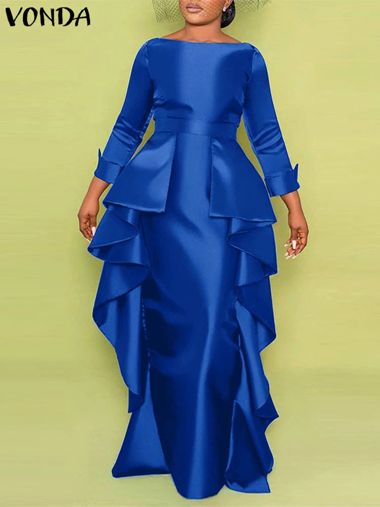Maxy Plus Size 5XL Bohemian Long Dress Women Elegant Satin Dress Ruffle Sundress Casual Solid Color Robe