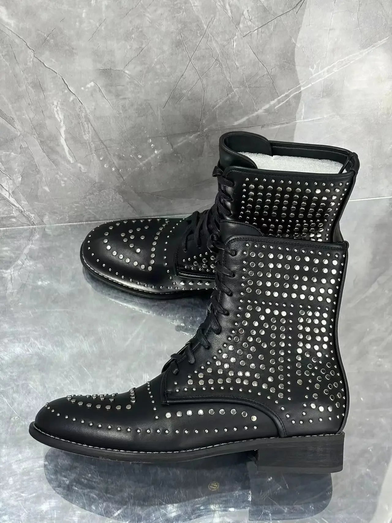 Visco New Black Men's Calf Boots Round Toe Lace-Up Low Heel Rhinestones Inset Punk Style Street Short Botas Large Size Men Shoes
