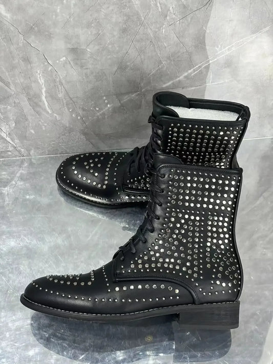 Visco New Black Men's Calf Boots Round Toe Lace-Up Low Heel Rhinestones Inset Punk Style Street Short Botas Large Size Men Shoes