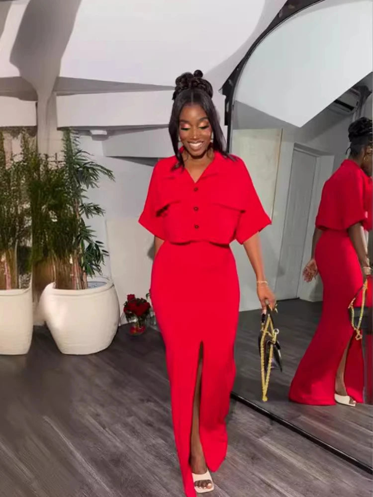 Maxy Fashion Casual Office Women Clothing New Summer Women Long Dress Set Lapel Solid Short Shirt Top Split Half Skirt 2-piece Set