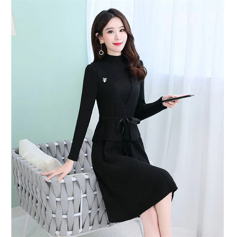 Maxy New Fashion Autumn Winter Women Long Sweater Dress Pullovers Warm Knitted Pullover Dresses + Sweaters Vest Two Pieces Set