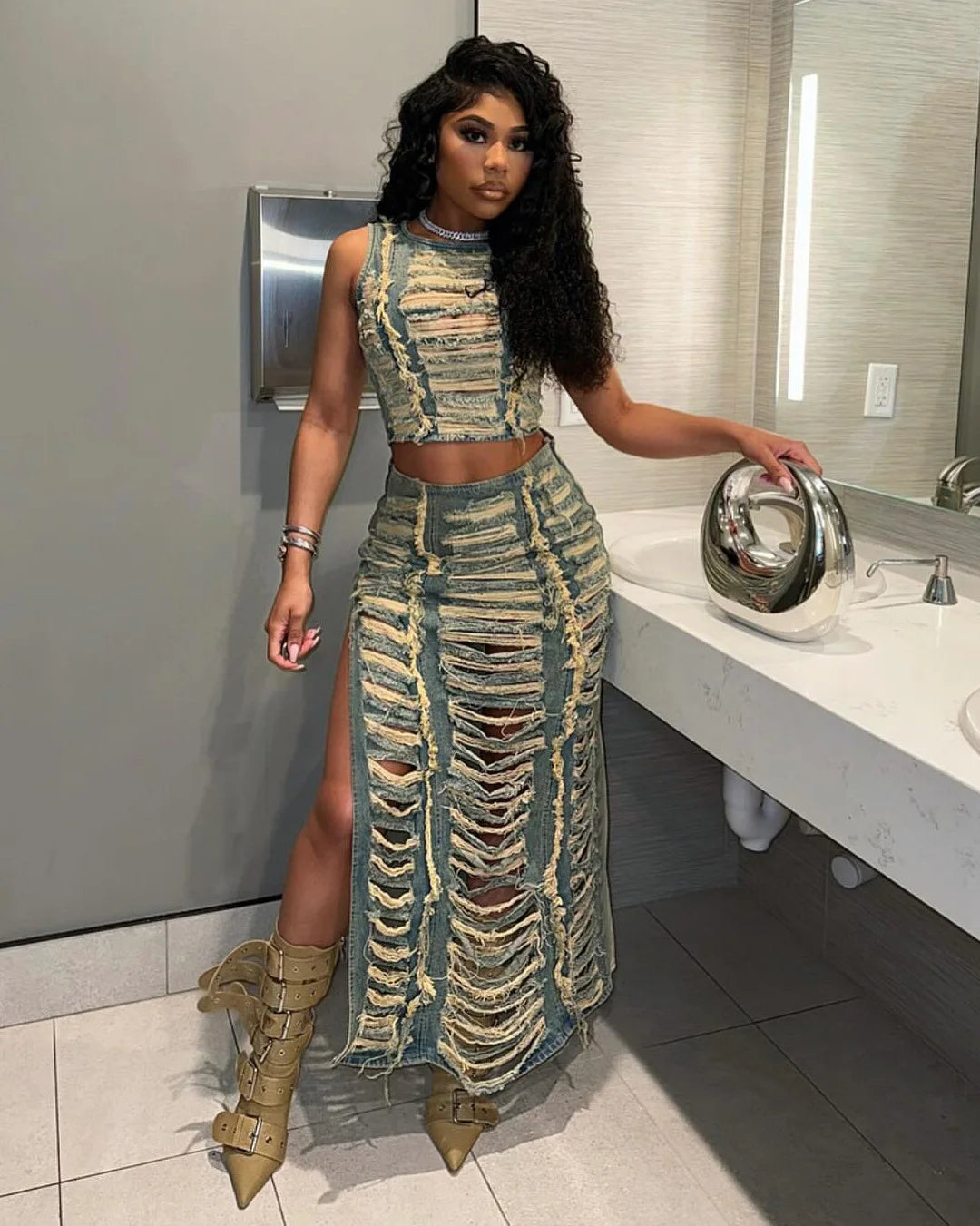 Maxy Women Sleeveless Crop Tank Tops and Split Side Maxi Skirt Streetwear Outfits Elegant Ripped Hole Denim Two 2 Piece Dress