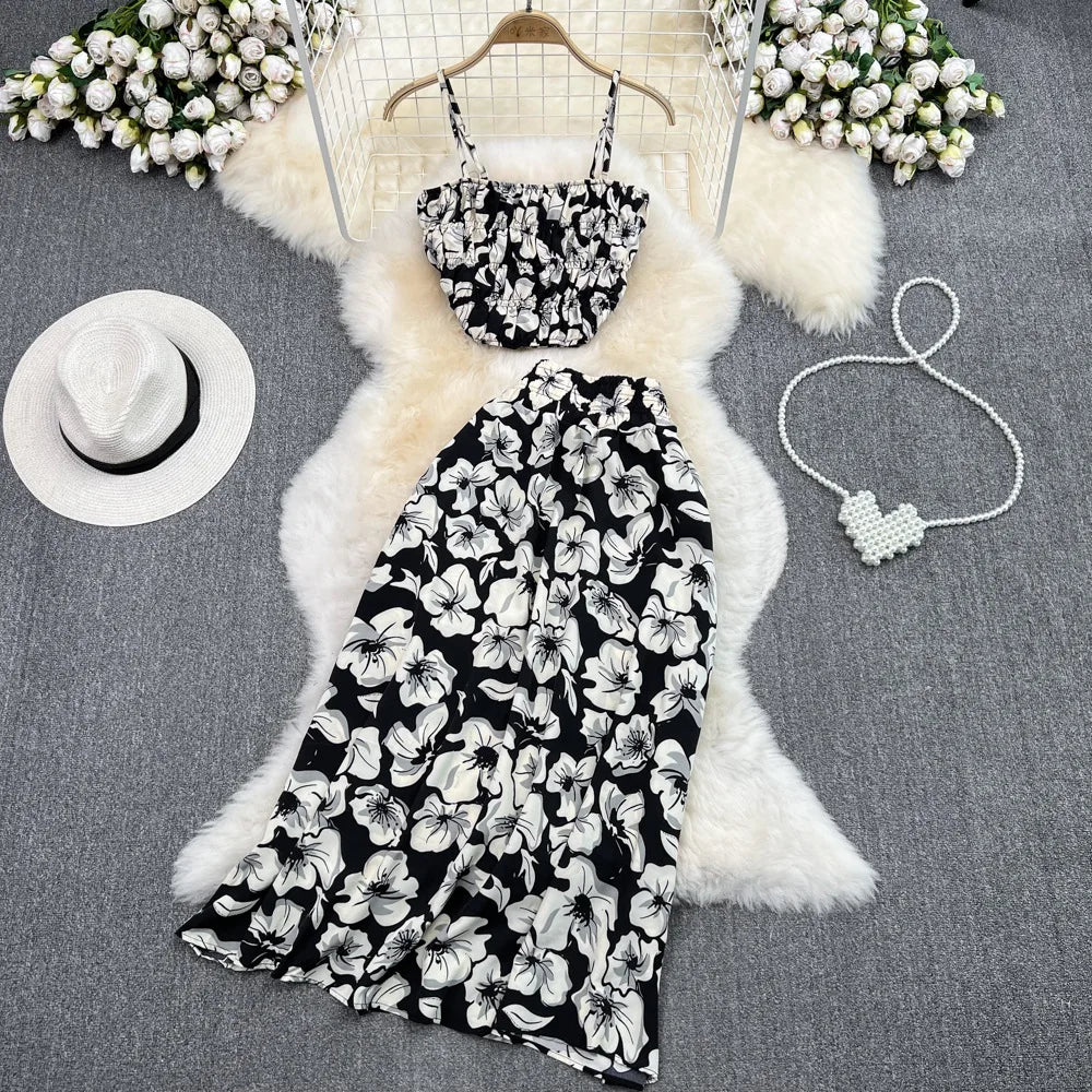 Maxy Summer Floral Print Two Pieces Set Women Fashion Elegant Casual Fold Sleeveless Tops And Long Skirt Sexy Slim 2 Piece Sets