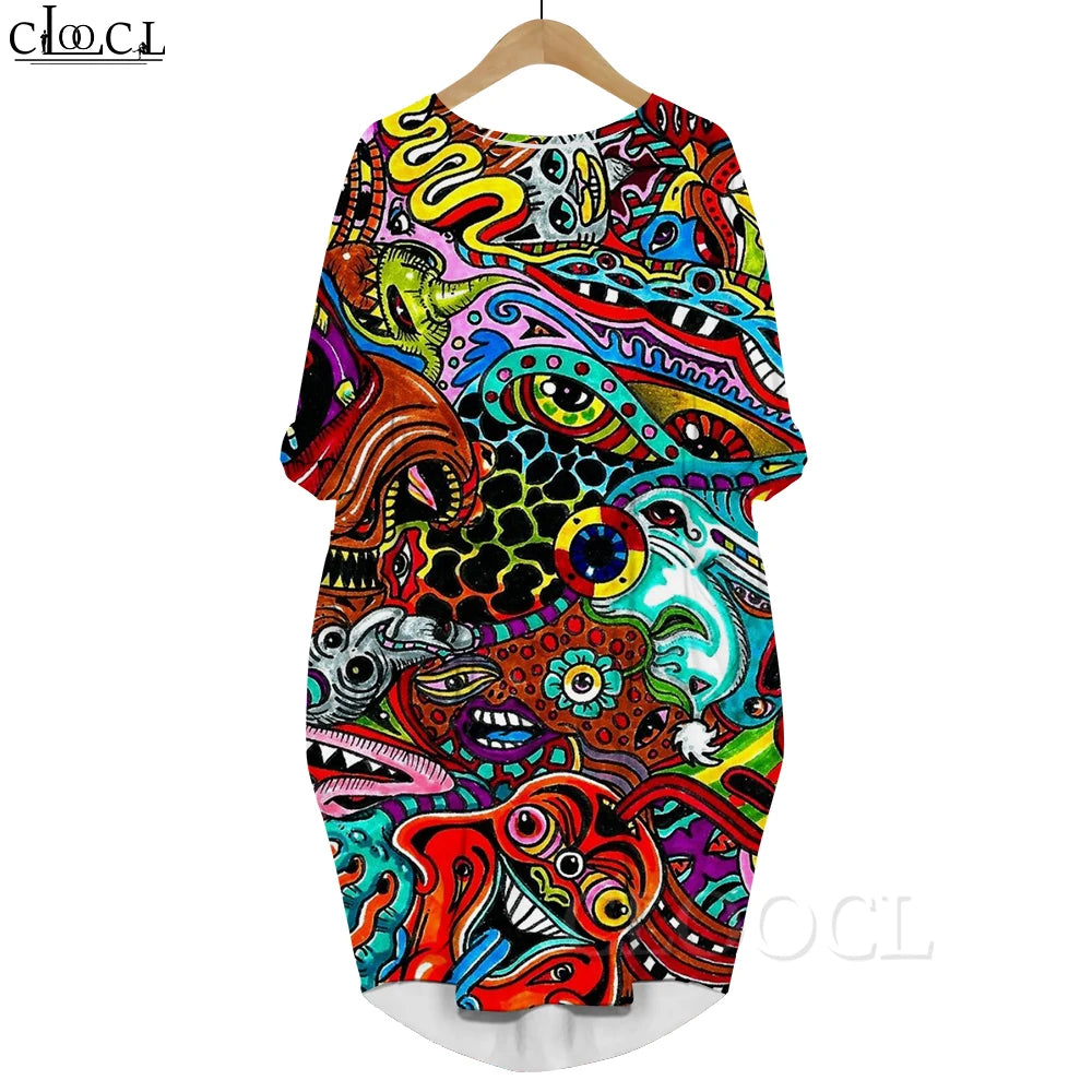 Macy Long Sleeves Dress Abstract Butterfly Graphics 3D Printed Party Dress with Pocket Mid-length Dress Oversized