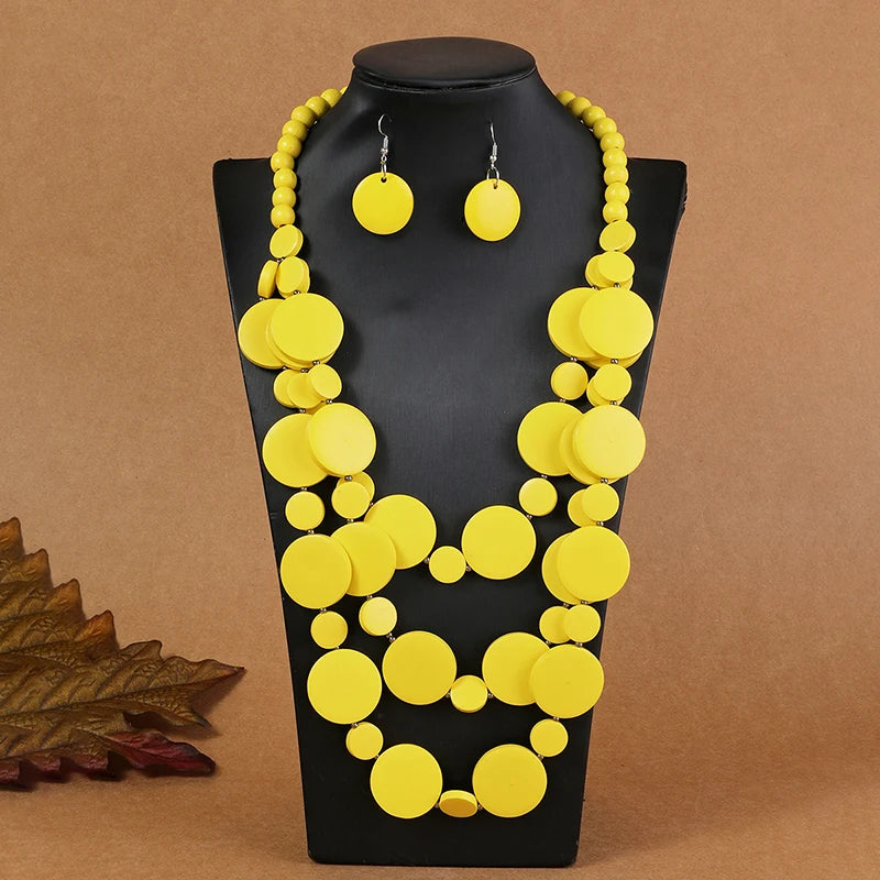 Amay Wedding Party Dress Wooden Beads Necklace Earring Jewelry Sets For Women