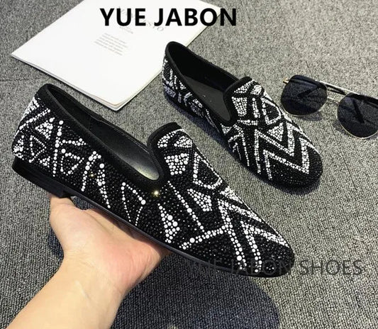 Visco New Fashion Men Rhinestone Shoes British Men's Flats Smoking Slippers Men Loafers Dress Shoes Black Casual Shoes Gladiator Mens