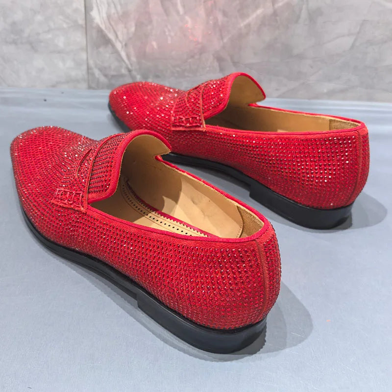 Visco Red Rhinestone Shoes Man Pointed Toe Eyes Decor Slip On Flats Male Fashion Wedding Shoes