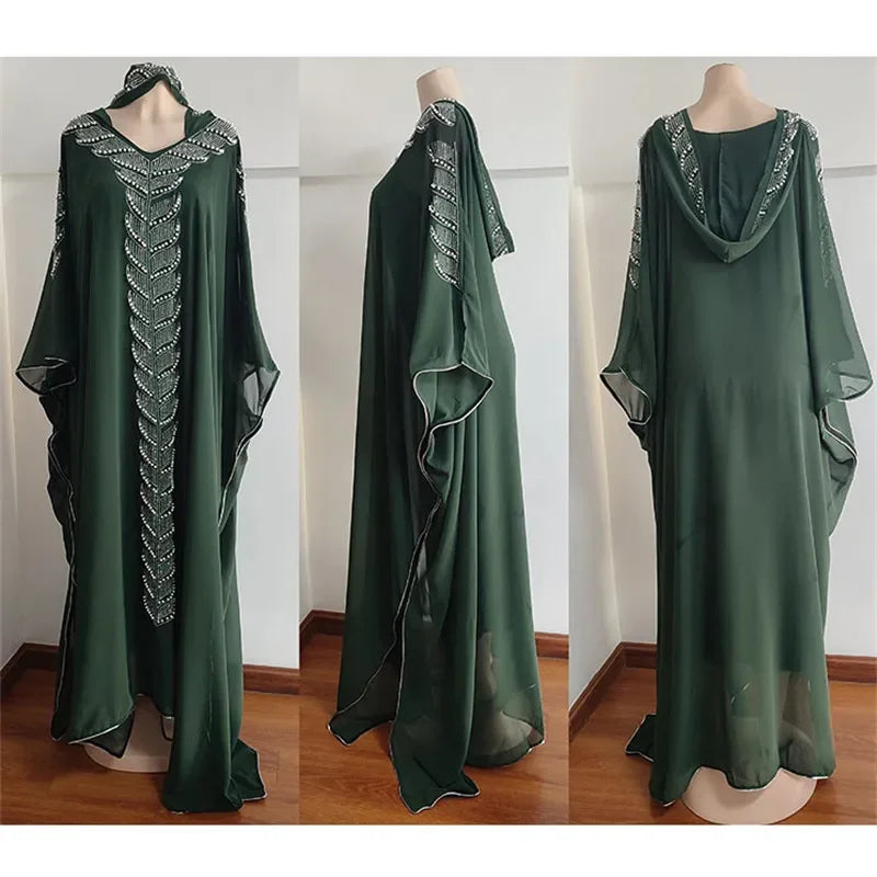 Maxy Luxury Women Chiffon Diamond African Dashiki Boubou Long Maxy Dress Turkey Dubai Arab Kaftan Eid Hooded Robe Morocco Gown