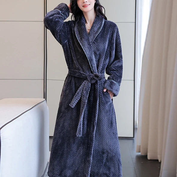 Maxy Autumn Winter Flannel Women Long Robe Nightgown Thicken Warm Bathrobe Sleepwear Loose Casual Coral Fleece Home Dress Lounge Wear