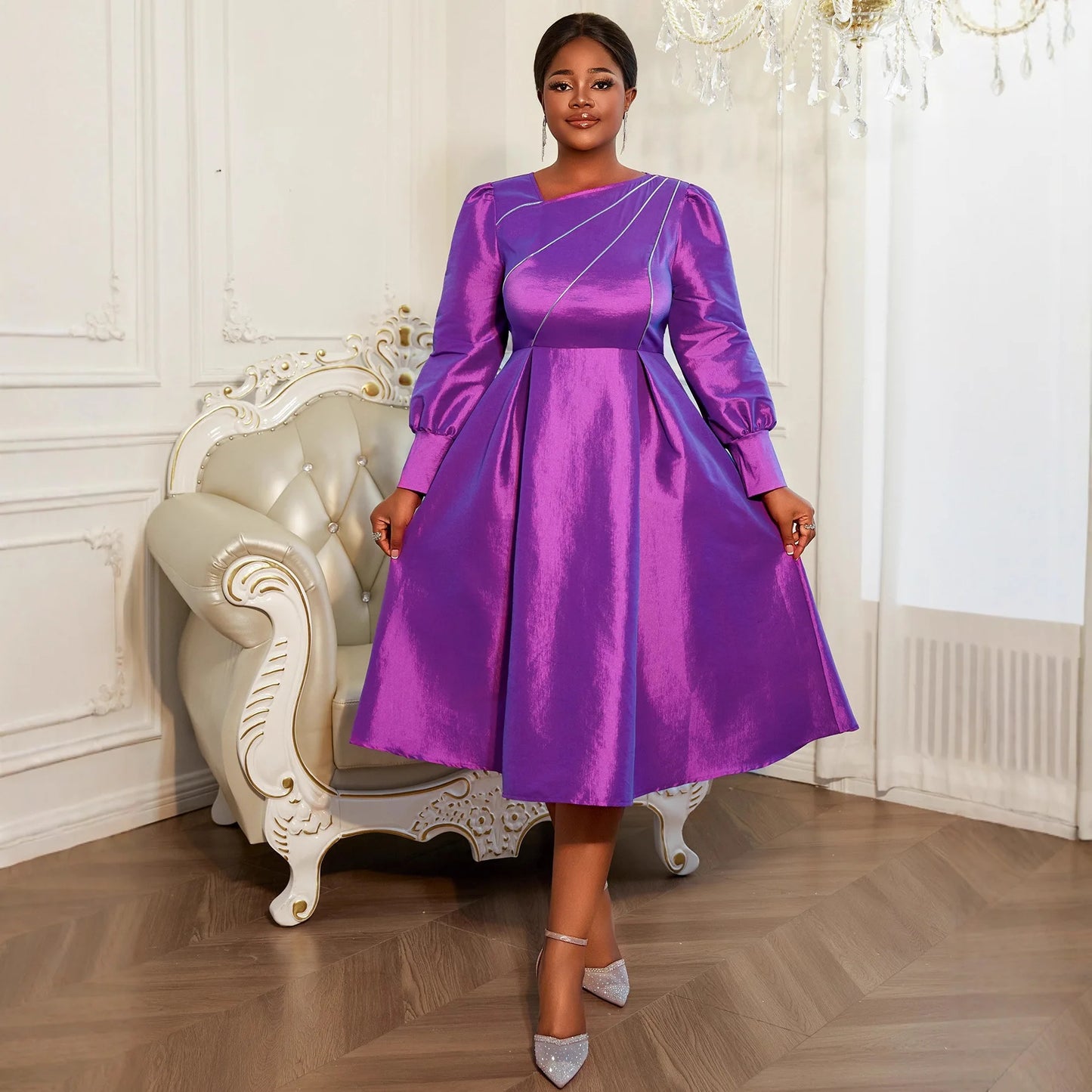 Maxy L-4XL Plus Size Dresses for Women Autumn Elegant Long Sleeve Purple Polyester Party Evening Midi Dress Ankara Dress
