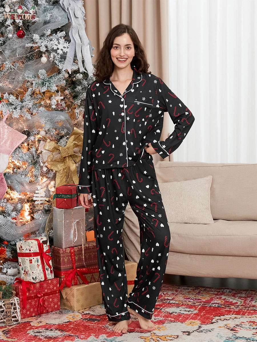 Maxy Women’s 2 Piece Christmas Max Pajama Set Long Sleeve Graphic Print Button Up Shirt + Pants Set Winter Sleepwear