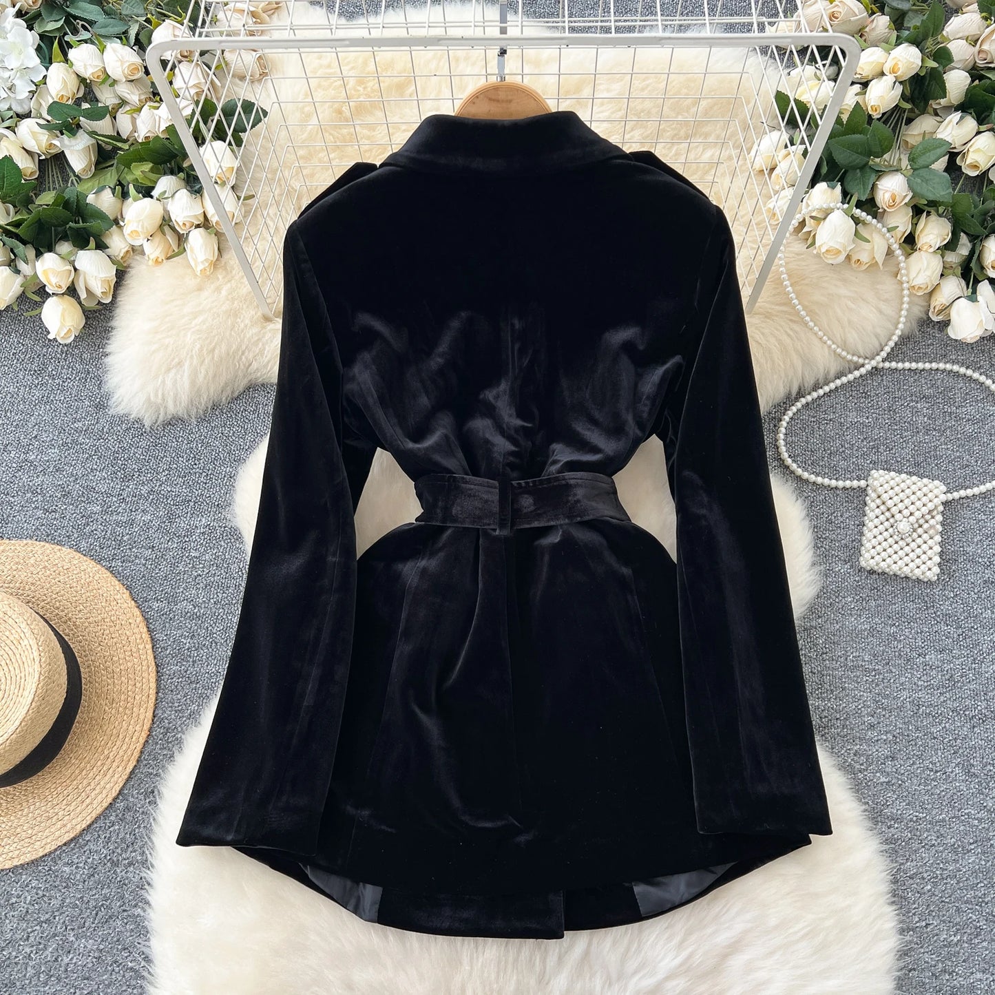 Amay Elegant Turn-down Collar Vintage Long Sleeve Chic Metal Buckle Slim Bandage Coat Korean Fashion Office High Street Winter Top