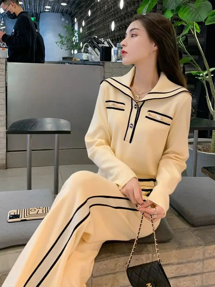 Amay Fashion Suit Women's Autumn and Winter New Style Western-style Age Reducing Navy Collar Top Long Pants Two-piece Set