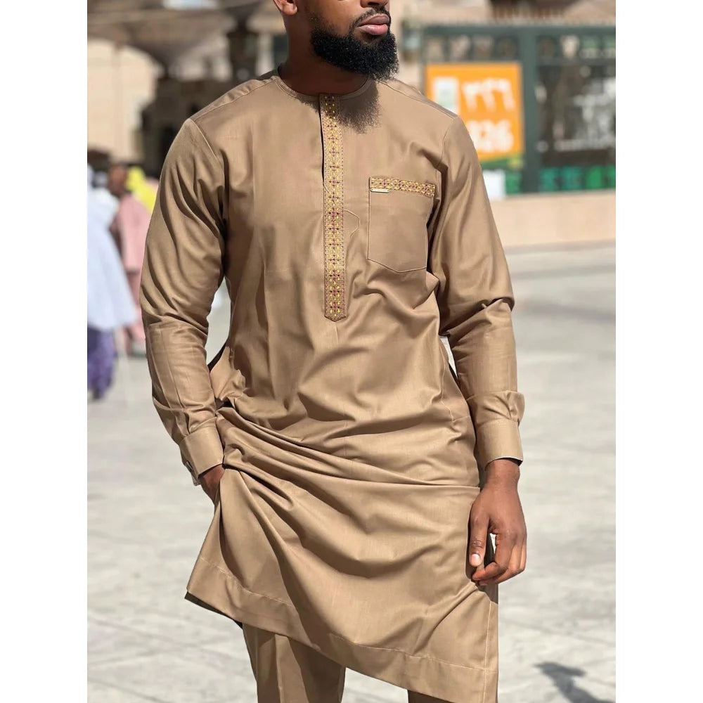 Amay New Kaunda Men's Set Fashionable and Elegant Men's Wedding Set Round Neck Long Sleeve Embroidered Men's Full Set Suit