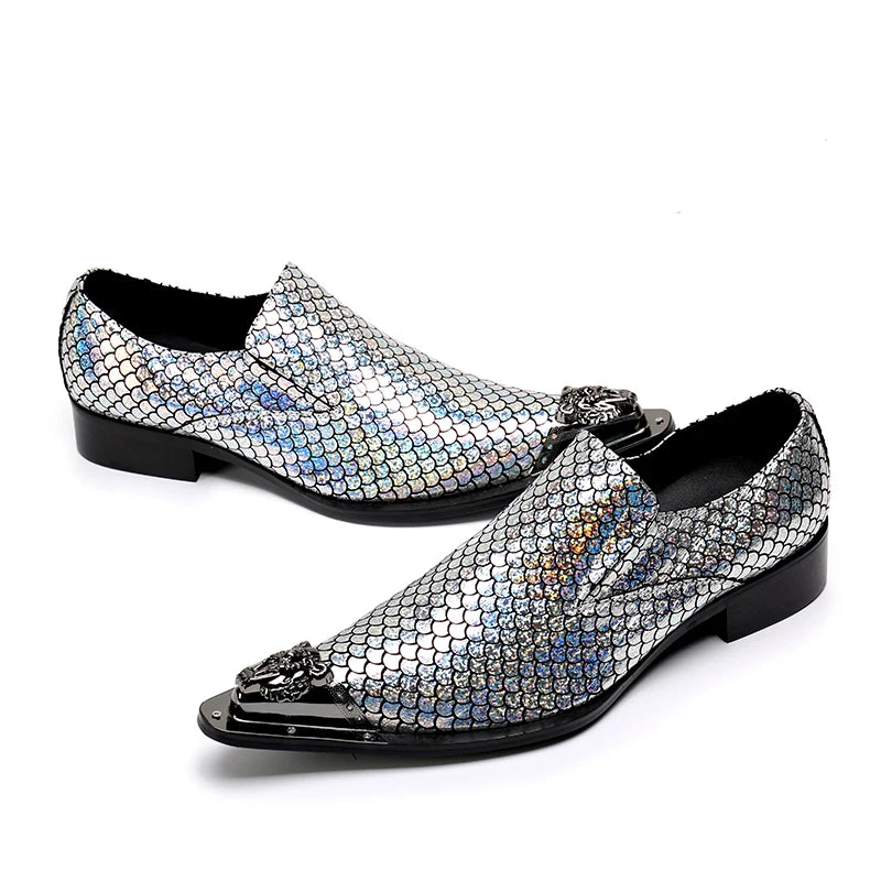 Visco Italy Style Men Shoes Party Shinny Glitter Shoes Men Leather Men Dress Shoes Pointed Metal Toe