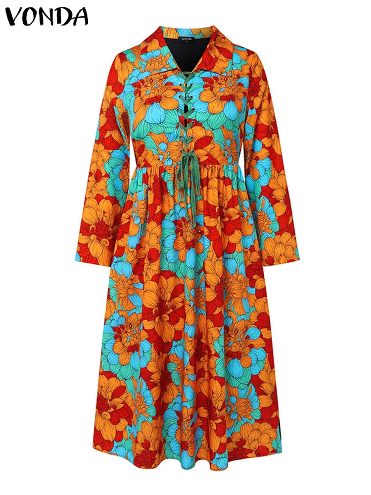 Maxy Plus Size Women Floral Printing Dresses Bohemian Turn Dwon Collar Maxy Long Sundress Elegant Holiday Robe